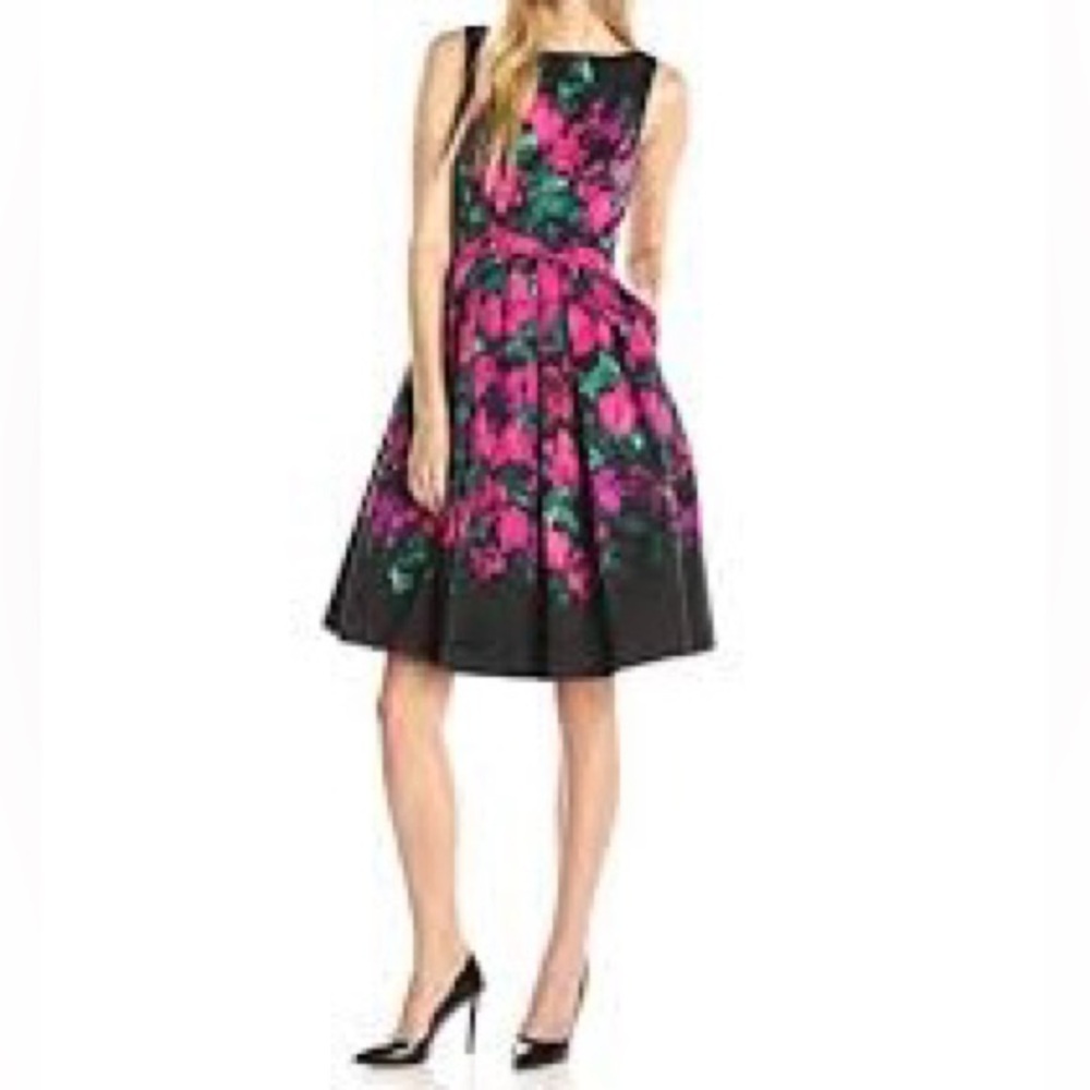 Eliza J Fit & Flare Black, Pink & Green Watercolor Abstract Floral Dress Size 8